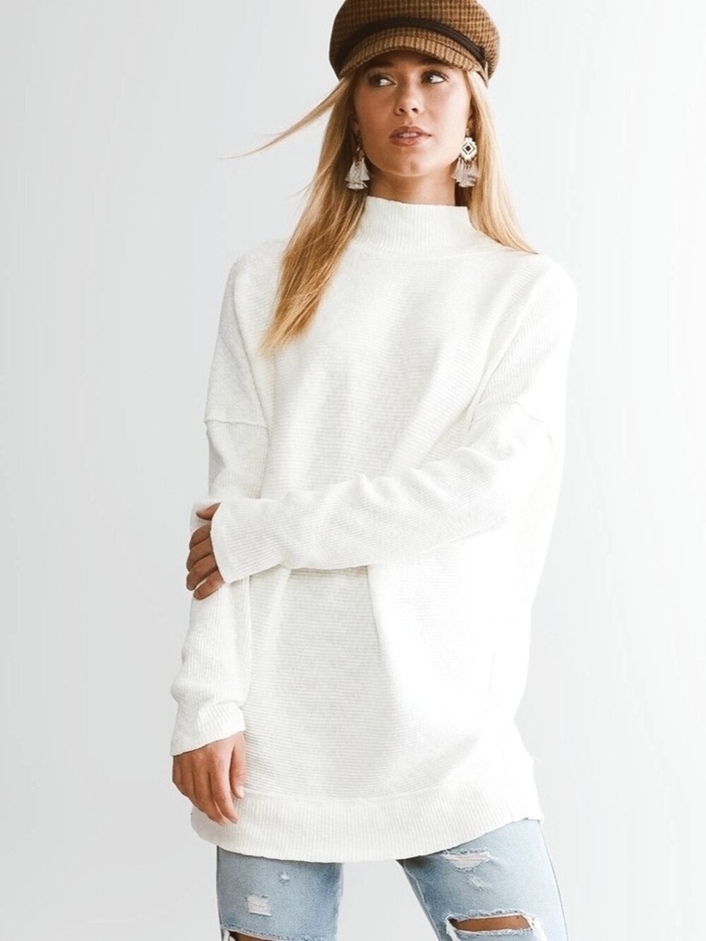 Free People We The Free Casey Slouchy Cream Mock Neck Ribbed Long Sleeve Tunic